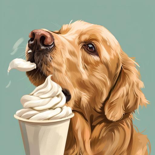 a cartoon edited golden retriever licking a cup of whip cream