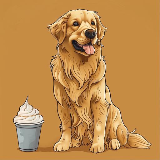 a cartoon edited golden retriever sitting down with a whip cream pup cup
