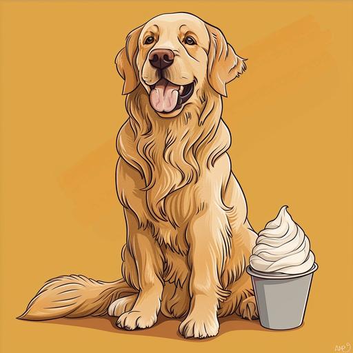 a cartoon edited golden retriever sitting down with a whip cream pup cup