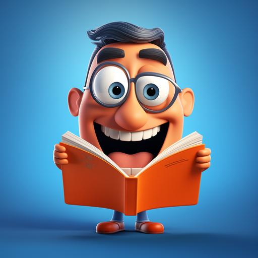 a cartoon figure. It's an animated book. He is happy, funny e looks super friendly. He is a book with a happy cartoon face.