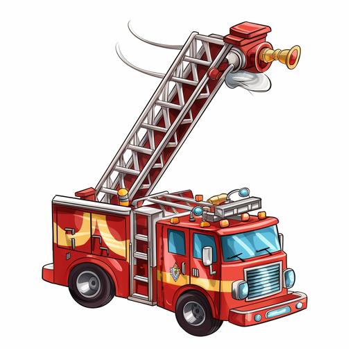 a cartoon fire truck with a fireman's ladder on top and a firehose on a white background