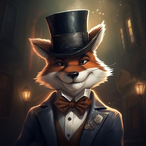 a cartoon fox in top hat and tie, in the style of raphael lacoste, raphaelle peale, zbrush, charming characters, boris kustodiev, animated illustrations, bronze
