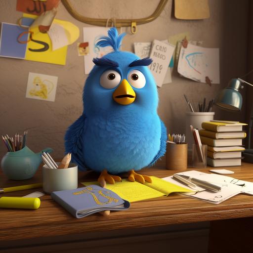 a cartoon funny blue bird with yellow elements in the style of detailed character illustrations, joyful and optimistic, on a photorealistic work desk 32k uhd --v 5