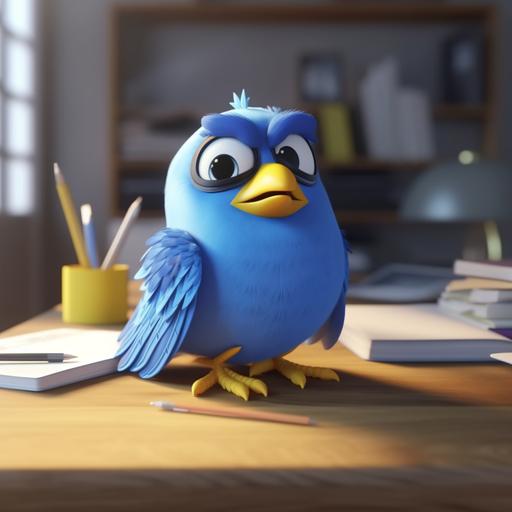 a cartoon funny blue bird with yellow elements in the style of detailed character illustrations, joyful and optimistic, on a photorealistic work desk 32k uhd --v 5