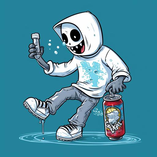 a cartoon ghost from the regular show, riding a skateboard while holding a soda cup