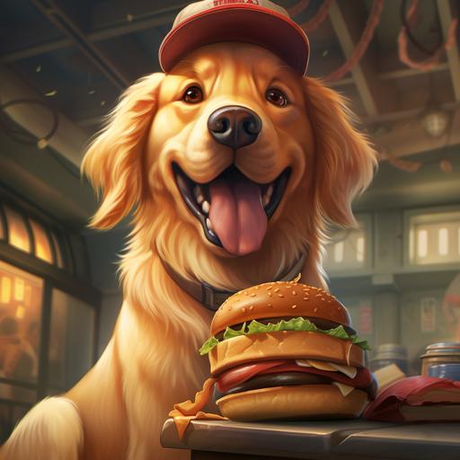 a cartoon golden retriever wearing a plain baseball cap smiling and has a hamburger in it’s paw about to take a bite