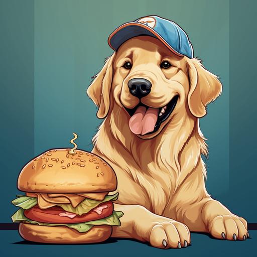 a cartoon golden retriever wearing a plain blue baseball cap smiling and has a hamburger sitting next to him