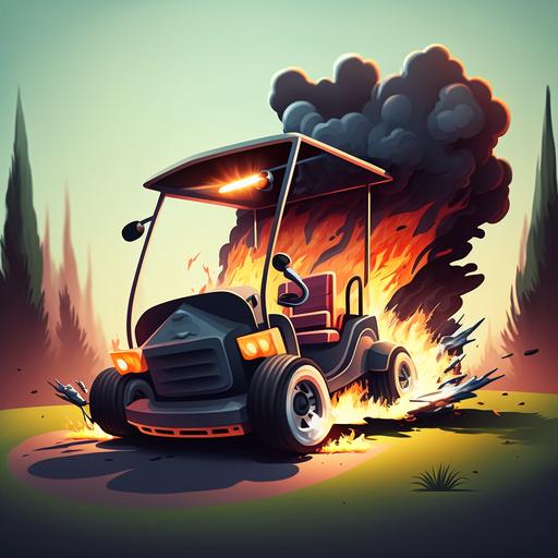 a cartoon golf cart speeding down the fairway on fire