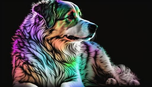 a cartoon great pyrenees, Australian shepherd mix dog in neon watercolor --ar 16:9 --v 4