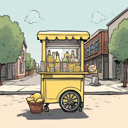a cartoon handdrawn lemonade stand on a sidewalk on a sunny day