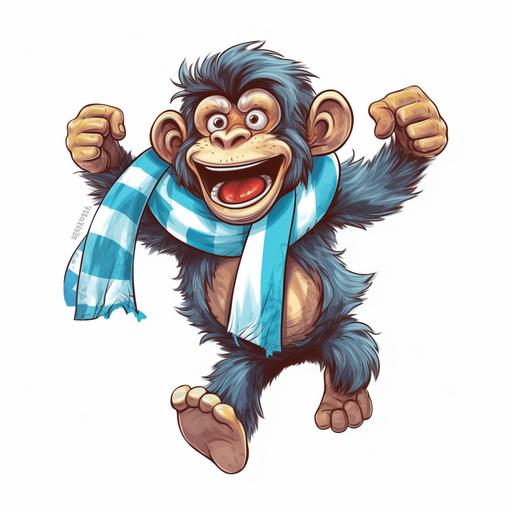 a cartoon, happy chimpanzee in a lightblue/darkblue striped soccerjersey and scarf on its way to the stadium diecut sticker