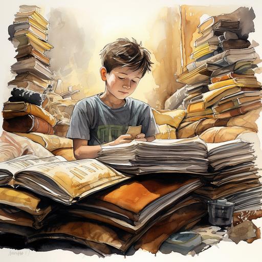 a cartoon illustratuion, pen and wash, of a 10 year old boy reading a national geographic magazine on his bed surrounded by a huge stack iof magazines