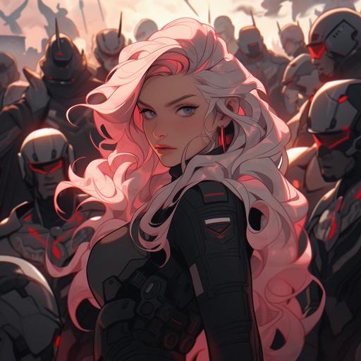 a cartoon image of an overwatch character with pink hair, in the style of sam spratt, playful expressions, mechanical realism, camilla d'errico, light gray and black, color splash, exaggerated caricatures --s 750 --niji 5