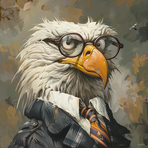 a cartoon image of bald eagle perched in a tree with the head of a bald old white man and a bald eagle beak for a nose:: glasses are perched on the beak with a string holding the glasses around the neck