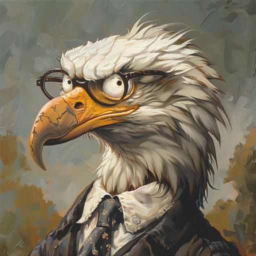 a cartoon image of bald eagle perched in a tree with the head of a bald old white man and a bald eagle beak for a nose:: glasses are perched on the beak with a string holding the glasses around the neck