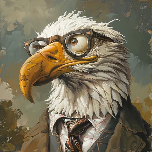 a cartoon image of bald eagle perched in a tree with the head of a bald old white man and a bald eagle beak for a nose:: glasses are perched on the beak with a string holding the glasses around the neck