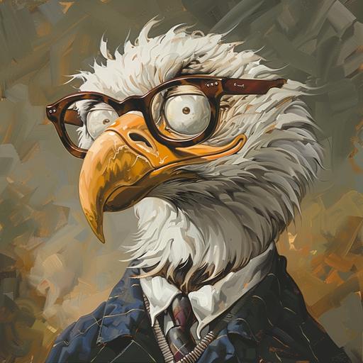 a cartoon image of bald eagle perched in a tree with the head of a bald old white man and a bald eagle beak for a nose:: glasses are perched on the beak with a string holding the glasses around the neck