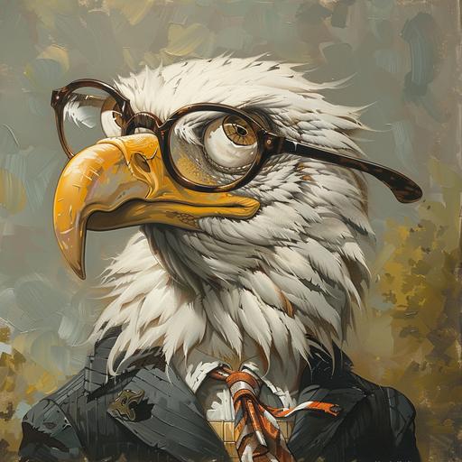 a cartoon image of bald eagle perched in a tree with the head of a bald old white man and a bald eagle beak for a nose:: glasses are perched on the beak with a string holding the glasses around the neck