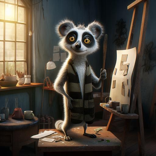 a cartoon lemur is standing up and looking, in the style of raphael lacoste, quirky caricatures, jacek szynkarczuk, meticulous brushwork, 32k uhd, black-and-white, fatima ronquillo