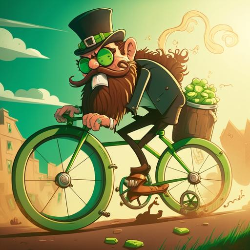 a cartoon leprechaun cycling in Ireland Sun with pint of Guinness