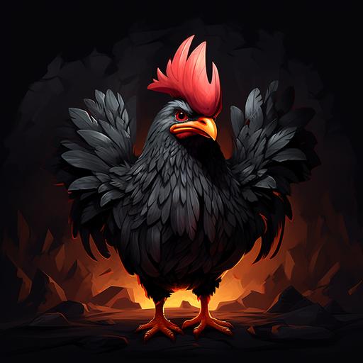 a cartoon like chicken in an explendid shape, showing his feathers in full color, standing proud, black background, little chick