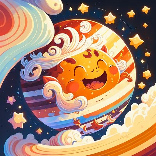 a cartoon like jupiter with bright colors of orange, yellow and red. Background is a blue sky with Many white stars