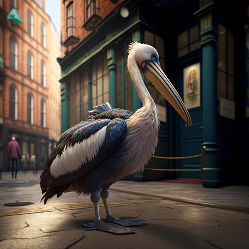 a cartoon like pelican walking solemn in London. ultra photo realistic, hypermaximalist, elegant, hyper realistic, super detailed, Shaders, OpenGL-Shaders --v 4
