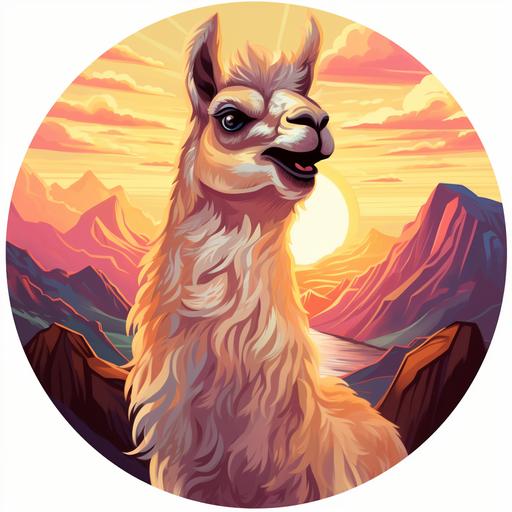a cartoon llama with gooey eyes eating with its mouth open standing on 4 legs with white and brown wool centered on a circular hyper realistic background of a cliff with mountains behind and a sunset in warm colors