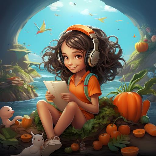 a cartoon looking girl carrot, with ponytails, listening to music, reading a book, on an island