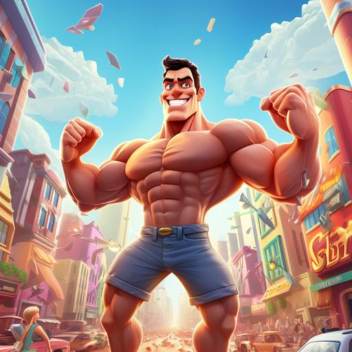 a cartoon muscle man saving the day, movie poster, cinematic, average detailing, superhero comic art style, full body view
