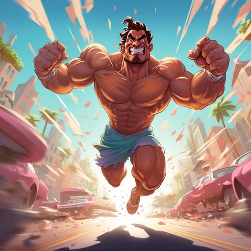 a cartoon muscle man saving the day, movie poster, cinematic, average detailing, superhero comic art style, full body view