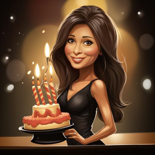 a cartoon of a 53 year old gorgeous lady with a cute little nose, and big beautiful brown eyes and long light brown hair celebrating her birthday in Las Vegas.