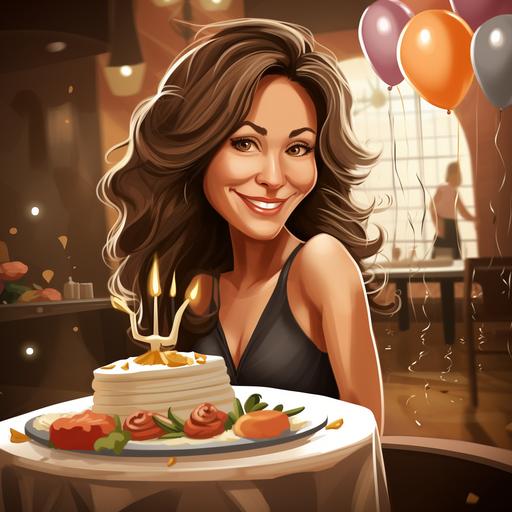 a cartoon of a 53 year old gorgeous lady with a cute little nose, and big beautiful brown eyes and long light brown hair celebrating her birthday in Las Vegas.