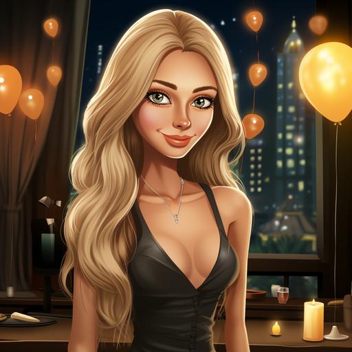 a cartoon of a 53 year old gorgeous lady with a cute little nose, and big beautiful brown eyes and long blonde hair celebrating her birthday in Las Vegas.