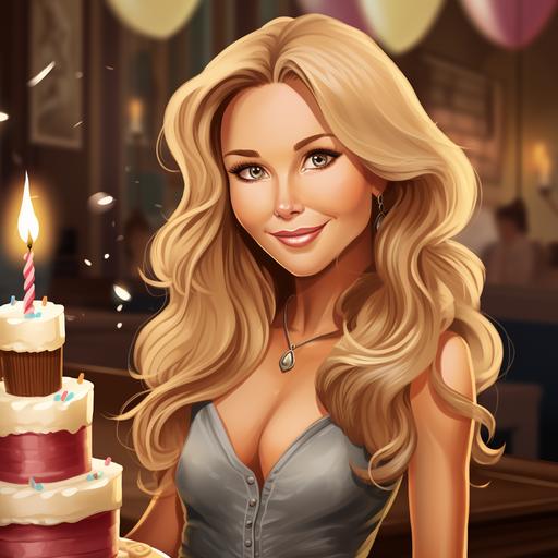 a cartoon of a 53 year old gorgeous lady with a cute little nose, and big beautiful brown eyes and long blonde hair celebrating her birthday in Las Vegas.