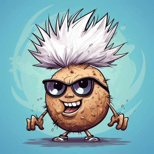 a cartoon of a coconut punk where coconut is the character without body with a punk mohawk haircut, fruit, hairy coconut, percings, noise percing, ear percing, punk rocker, as an icon