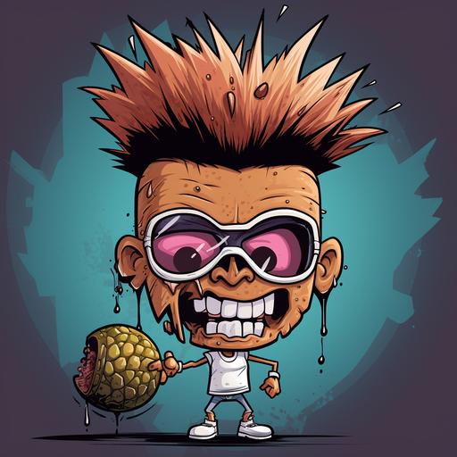 a cartoon of a coconut punk without body with a punk mohawk haircut, fruit, hairy coconut, percings, noise percing, ear percing, punk rocker, as an icon, where the mohawk is a line in the middle of the head