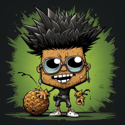 a cartoon of a coconut punk without body with a punk mohawk haircut, fruit, hairy coconut, percings, noise percing, ear percing, punk rocker, as an icon