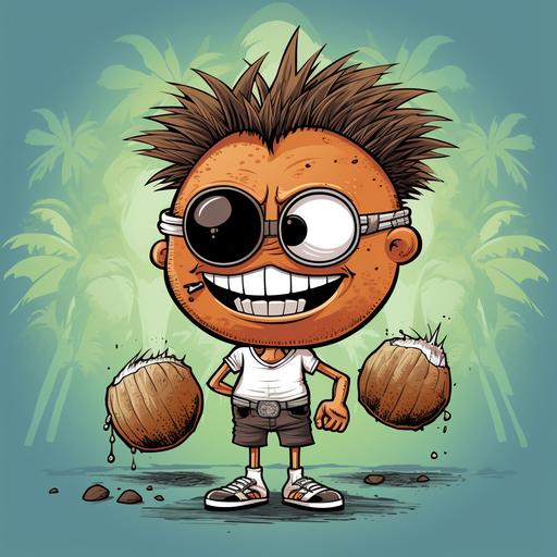 a cartoon of a coconut punk without body with a punk mohawk haircut, fruit, hairy coconut, percings, noise percing, ear percing, punk rocker, as an icon, body of kid cartoon coconut but agressive, with money in the hands