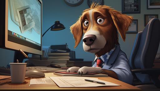 a cartoon of a dog sitting in an office scrolling on a computer looking bored hyperrealistic --aspect 7:4