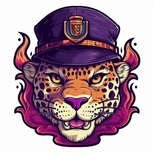 a cartoon of a ferocious jaguar with purple eyes wearing a fire brigade hat --v 5 --s 750