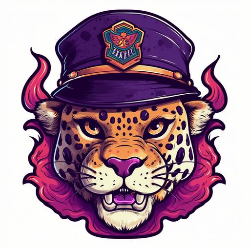 a cartoon of a ferocious jaguar with purple eyes wearing a fire brigade hat --v 5 --s 750