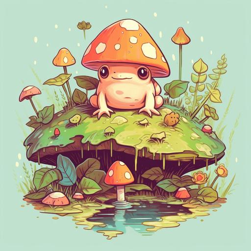 a cartoon of a kawaii frog by a swamp with three mushrooms and botanicals