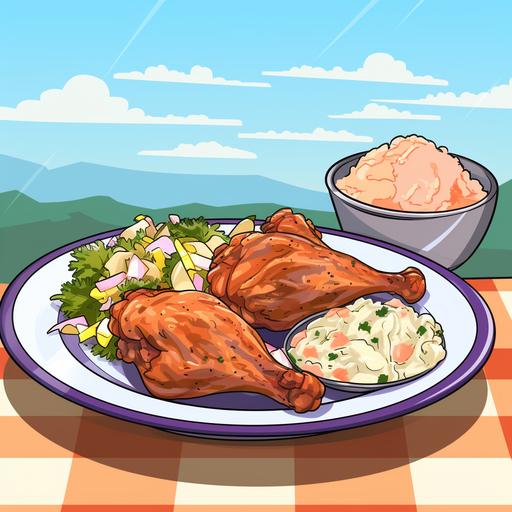 a cartoon of a plate of barbequed chicken sitting on a plate that also contains potato salad and coleslaw, the plate is sitting on a picnic table