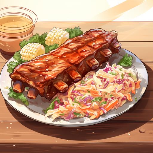 a cartoon of a plate of barbequed ribs sitting on a plate that also contains potato salad and coleslaw, the plate is sitting on a picnic table