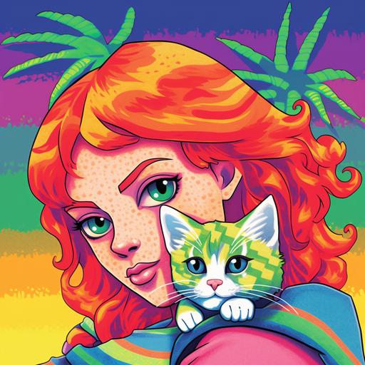 a cartoon of a red head girl with blue eyes and a straight nose holding a cat in the style of a lisa frank drawing, bright rainbow colors, palm tree background