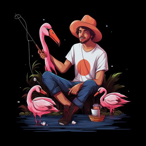 a cartoon of a strong young man in a fisherman outfit and a fisherman hat with a ripped shirt sleeve sitting on a flamingo float, fishing with a fishing rod, black background, v4