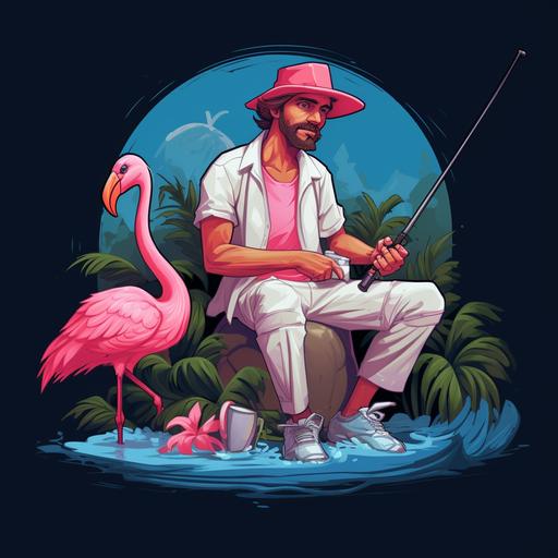 a cartoon of a strong young man in a fisherman outfit and a fisherman hat with a ripped shirt sleeve sitting on a flamingo float, fishing with a fishing rod, black background, v4