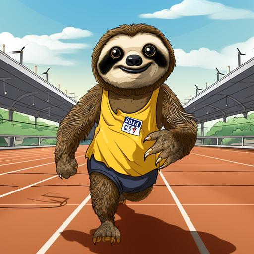 a cartoon of a there toed sloth with sweat bands ready to race at a track meet