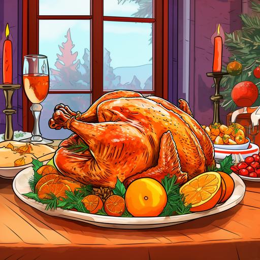 a cartoon of cooked turkey on a platter sitting on a table with christmas decorations